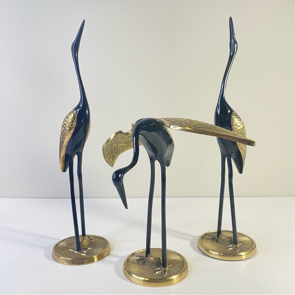 Vintage Brass And Black Enamel Crane Trio Art Sculptures MCM Set of 3